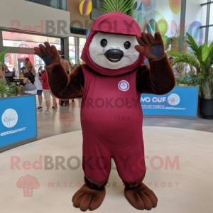 Maroon Sloth mascot costume character dressed with a One-Piece Swimsuit and Gloves