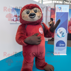 Maroon Sloth mascot costume character dressed with a One-Piece Swimsuit and Gloves