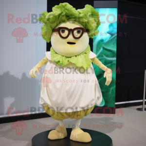 Cream Caesar Salad mascot costume character dressed with a Skirt and Eyeglasses