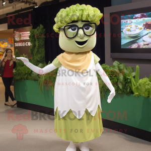 Cream Caesar Salad mascot costume character dressed with a Skirt and Eyeglasses