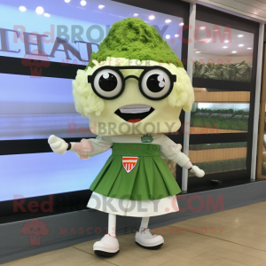 Cream Caesar Salad mascot costume character dressed with a Skirt and Eyeglasses