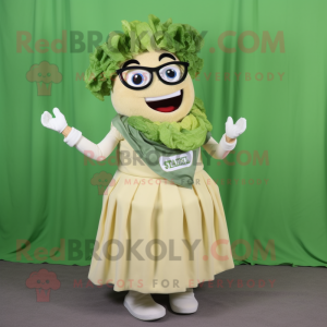 Cream Caesar Salad mascot costume character dressed with a Skirt and Eyeglasses