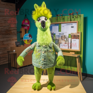 Lime Green Llama mascot costume character dressed with a Denim Shorts and Hairpins