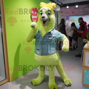 Lime Green Llama mascot costume character dressed with a Denim Shorts and Hairpins