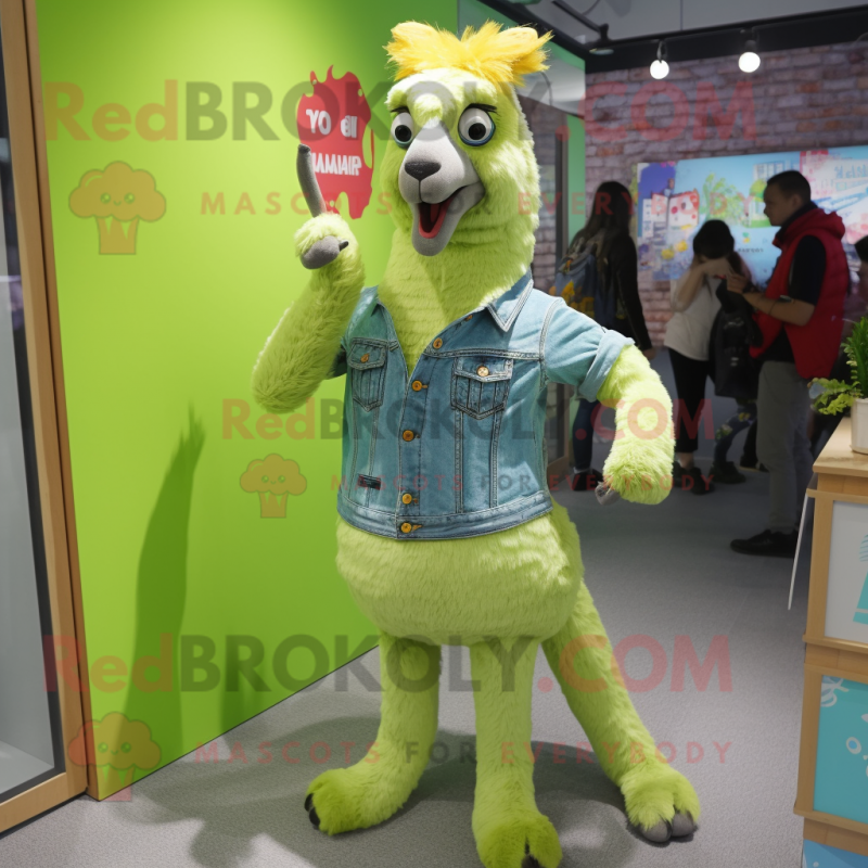 Lime Green Llama mascot costume character dressed with a Denim Shorts and Hairpins Lime Green Llama mascot costume character dressed with a Denim Shorts and Hairpins