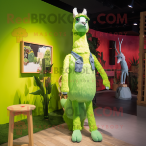 Lime Green Llama mascot costume character dressed with a Denim Shorts and Hairpins