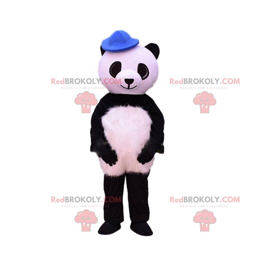 Mascota panda blanco y negro con un sombrero azul -