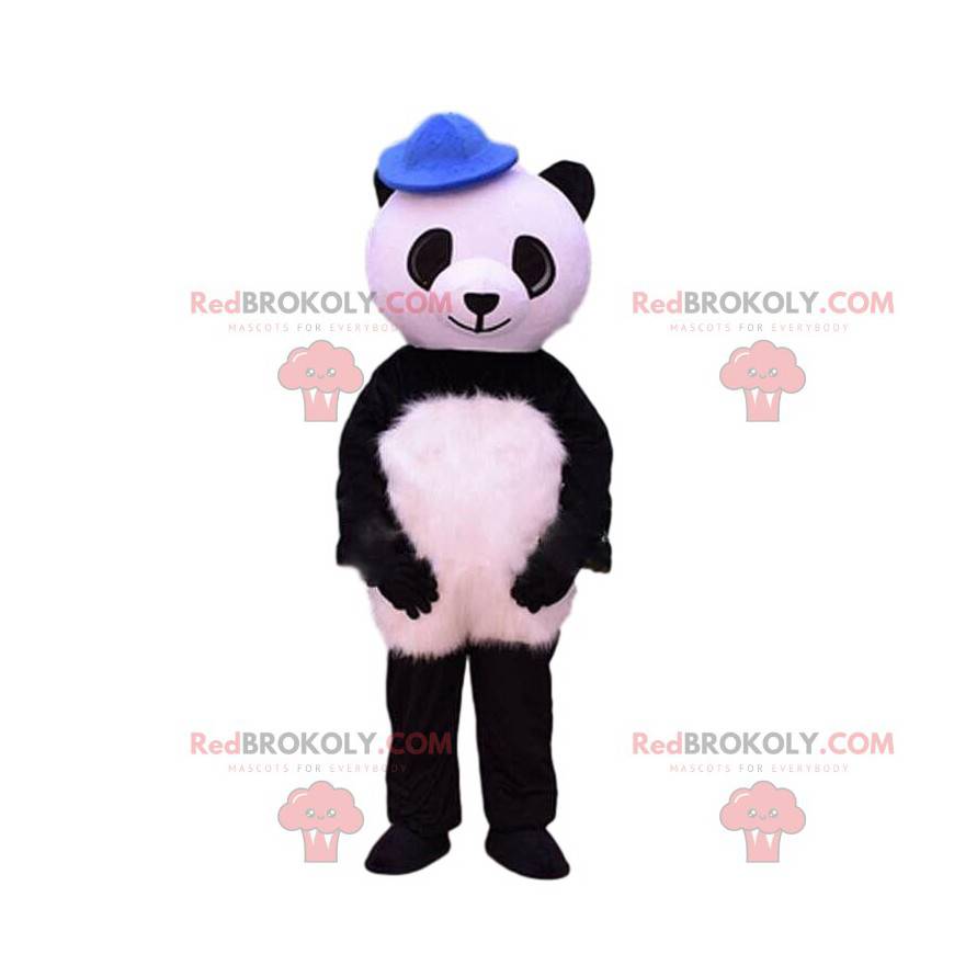 Mascotte del panda in bianco e nero con un cappello blu -