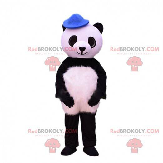 Mascota panda blanco y negro con un sombrero azul -