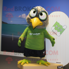 Lime Green Haast'S Eagle mascot costume character dressed with a Board Shorts and Bow ties