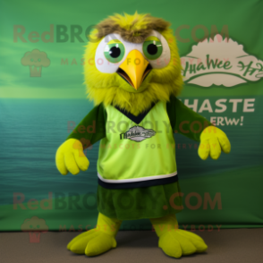Lime Green Haast'S Eagle mascot costume character dressed with a Board Shorts and Bow ties