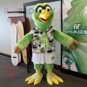 Lime Green Haast'S Eagle mascot costume character dressed with a Board Shorts and Bow ties