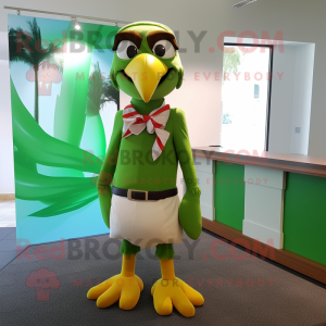 Lime Green Haast'S Eagle mascot costume character dressed with a Board Shorts and Bow ties