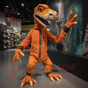 Rust Coelophysis mascot costume character dressed with a Joggers and Gloves