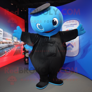 Black Blue Whale mascot costume character dressed with a Cover-up and Suspenders