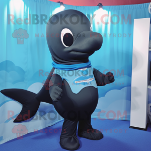 Black Blue Whale mascot costume character dressed with a Cover-up and Suspenders