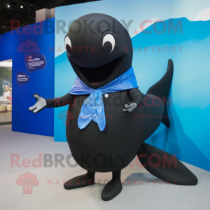 Black Blue Whale mascot costume character dressed with a Cover-up and Suspenders