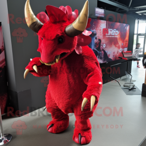 Red Triceratops mascot costume character dressed with a Cover-up and Hair clips