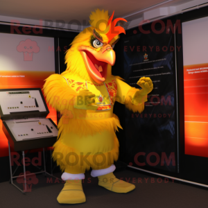 Gold Rooster mascot costume character dressed with a Jeggings and Keychains