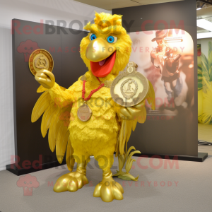 Gold Rooster mascot costume character dressed with a Jeggings and Keychains