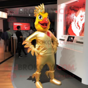 Gold Rooster mascot costume character dressed with a Jeggings and Keychains