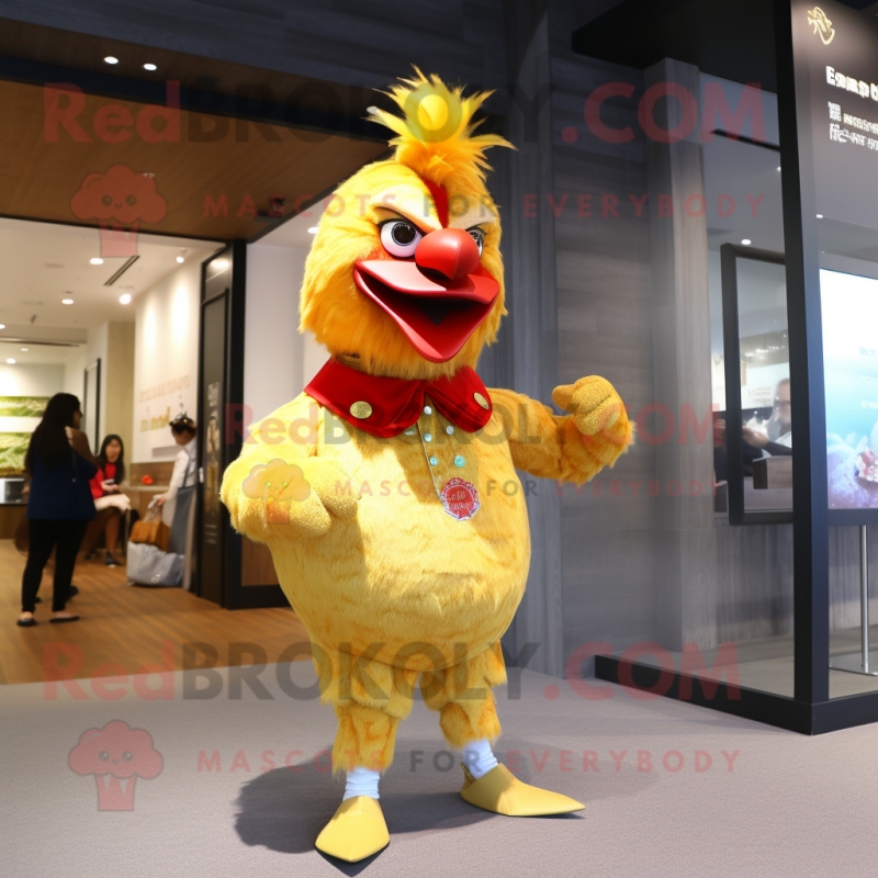 Gold Rooster mascot costume character dressed with a Jeggings and Keychains