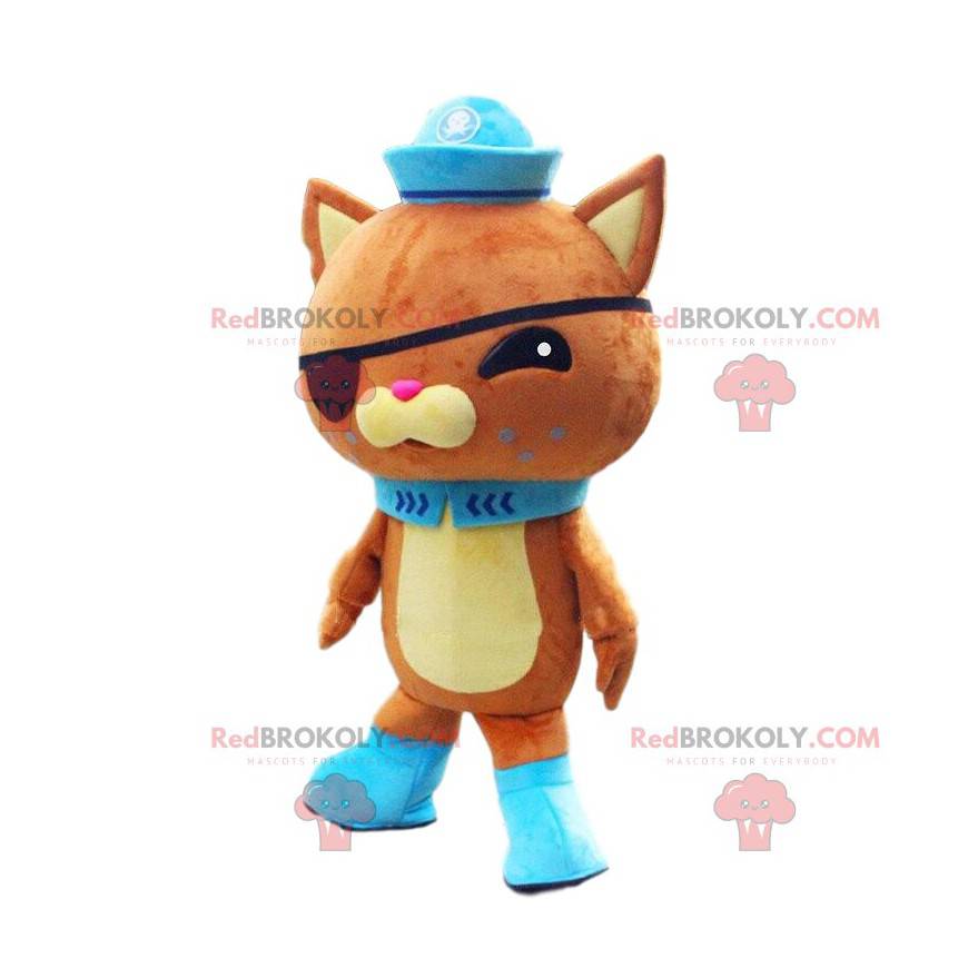 Orange und gelbes Katzenmaskottchen mit einer Augenklappe und Orange und gelbes Katzenmaskottchen mit einer Augenklappe und