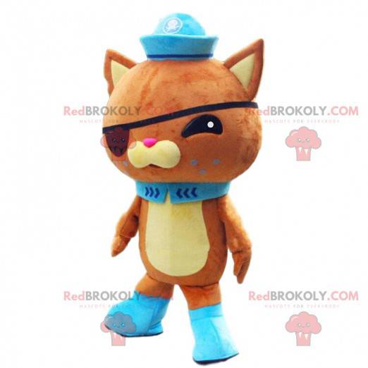 Orange and yellow cat mascot with an eye patch and a hat -