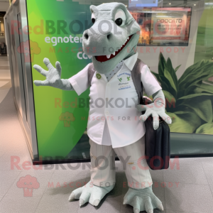 Silver Crocodile mascot costume character dressed with a Button-Up Shirt and Tote bags