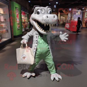 Silver Crocodile mascot costume character dressed with a Button-Up Shirt and Tote bags