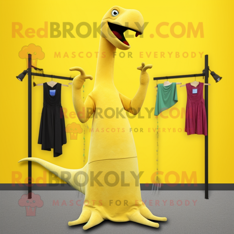 Yellow Diplodocus mascot costume character dressed with a Sheath Dress and Shawl pins