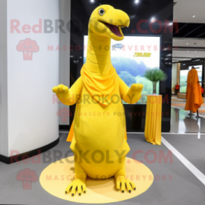 Yellow Diplodocus mascot costume character dressed with a Sheath Dress and Shawl pins