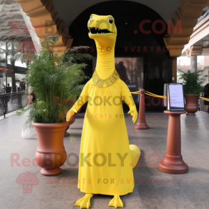Yellow Diplodocus mascot costume character dressed with a Sheath Dress and Shawl pins
