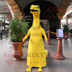 Yellow Diplodocus mascot costume character dressed with a Sheath Dress and Shawl pins