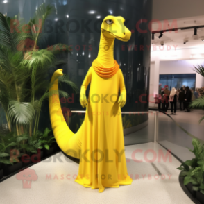 Yellow Diplodocus mascot costume character dressed with a Sheath Dress and Shawl pins