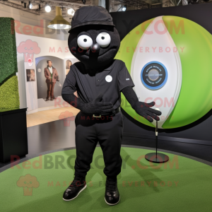 Black Golf Ball mascot costume character dressed with a Henley Shirt and Watches
