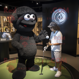 Black Golf Ball mascot costume character dressed with a Henley Shirt and Watches