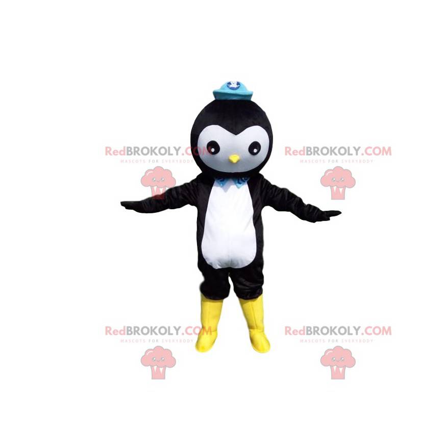 Mascotte de pingouin noir et blanc avec un chapeau bleu -