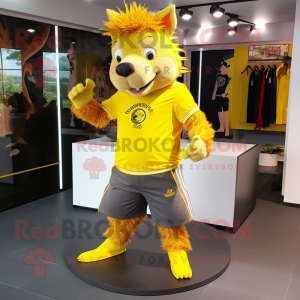 Yellow Wild Boar mascot costume character dressed with a T-Shirt and Shoe laces
