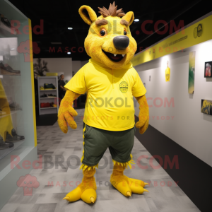 Yellow Wild Boar mascot costume character dressed with a T-Shirt and Shoe laces