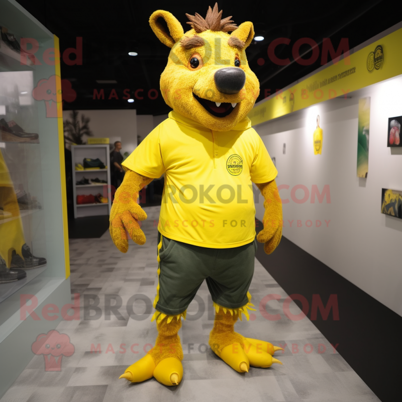 Yellow Wild Boar mascot costume character dressed with a T-Shirt and Shoe laces Yellow Wild Boar mascot costume character dressed with a T-Shirt and Shoe laces