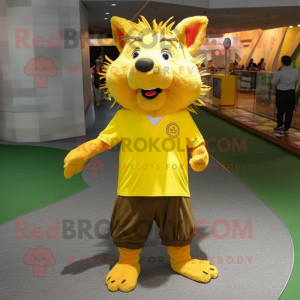 Yellow Wild Boar mascot costume character dressed with a T-Shirt and Shoe laces