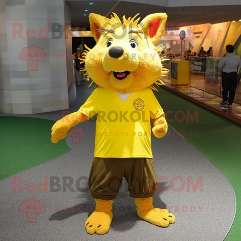 Yellow Wild Boar mascot costume character dressed with a T-Shirt and Shoe laces Yellow Wild Boar mascot costume character dressed with a T-Shirt and Shoe laces