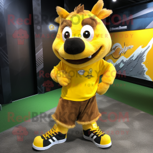 Yellow Wild Boar mascot costume character dressed with a T-Shirt and Shoe laces