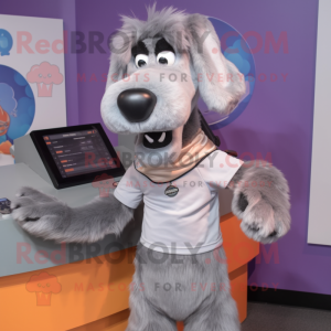 Gray Dog mascot costume character dressed with a V-Neck Tee and Scarf clips