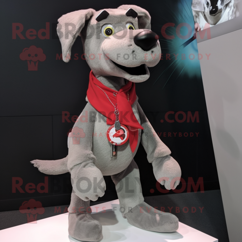 Gray Dog mascot costume character dressed with a V-Neck Tee and Scarf clips