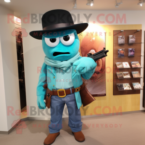 Turquoise Sniper mascot costume character dressed with a Boyfriend Jeans and Bow ties