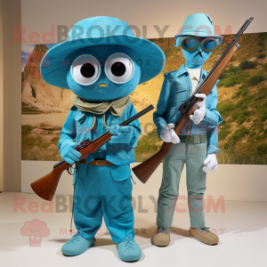 Turquoise Sniper mascot costume character dressed with a Boyfriend Jeans and Bow ties