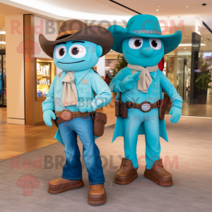 Turquoise Sniper mascot costume character dressed with a Boyfriend Jeans and Bow ties