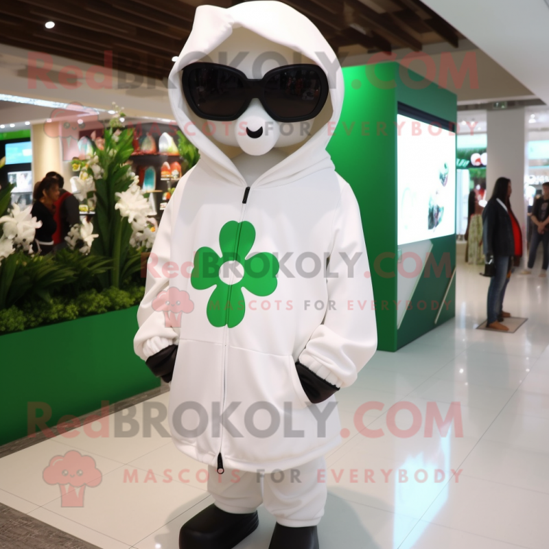 White Four Leaf Clover mascot costume character dressed with a Hoodie and Sunglasses